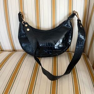 Black Croc-Embossed Faux Leather Shoulder Bag
